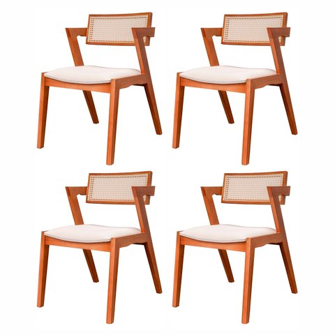 Kit 4 Cadeiras Madeira Maciça, Rattan de Fibra 100% Natural e Estofada Verona Espresso Móveis Champagne/Off White