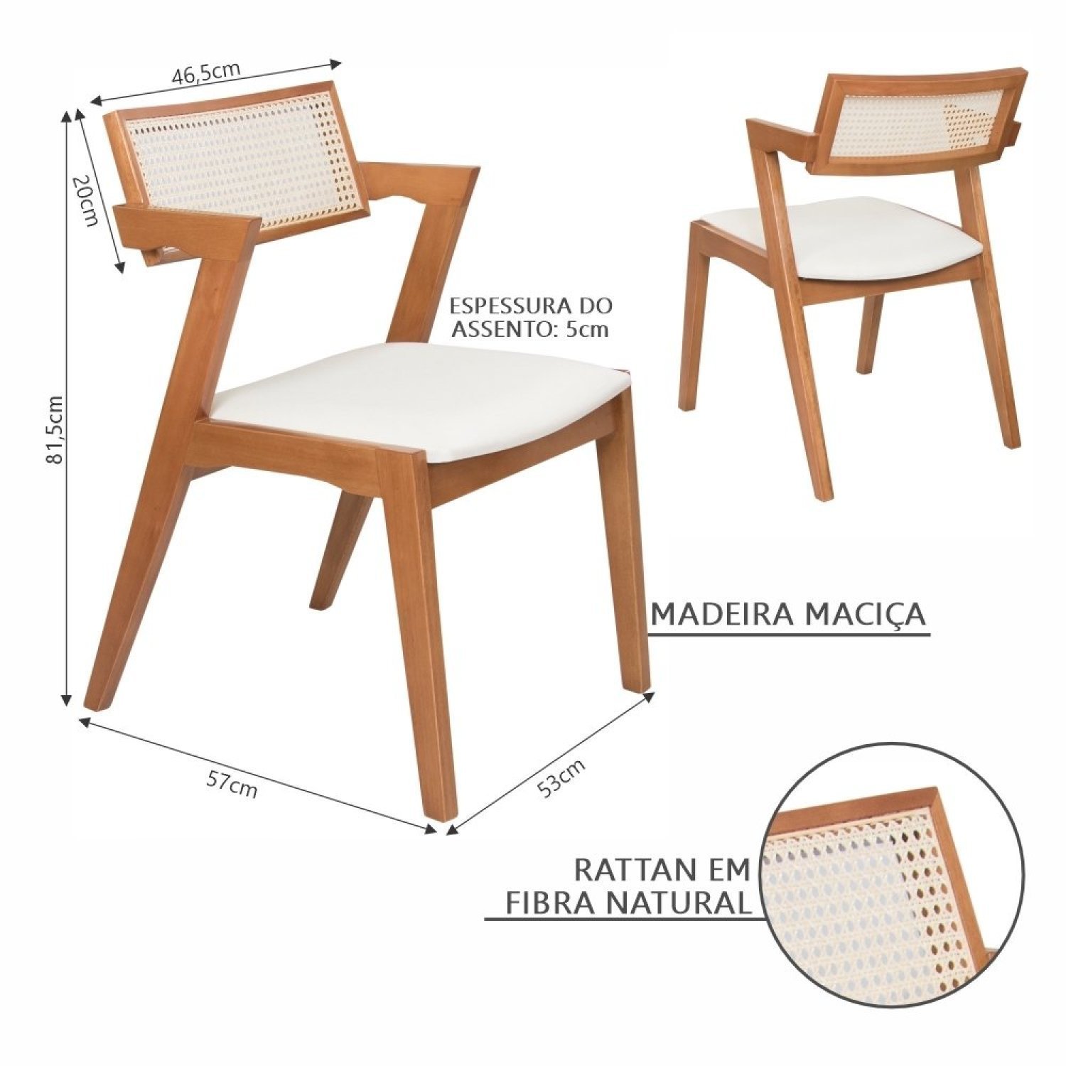 Conjunto com 4 Cadeiras Madeira Maciça com Rattan Natural e Estofada 81,5x53x57cm Verona  - 2