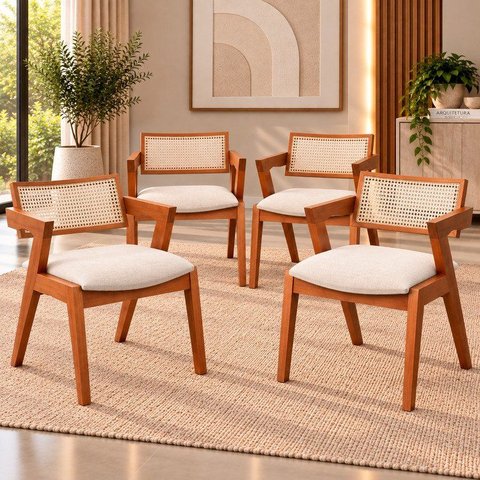 Kit 4 Cadeiras Madeira Maciça, Rattan de Fibra Natural e Estofada Verona Espresso Móveis