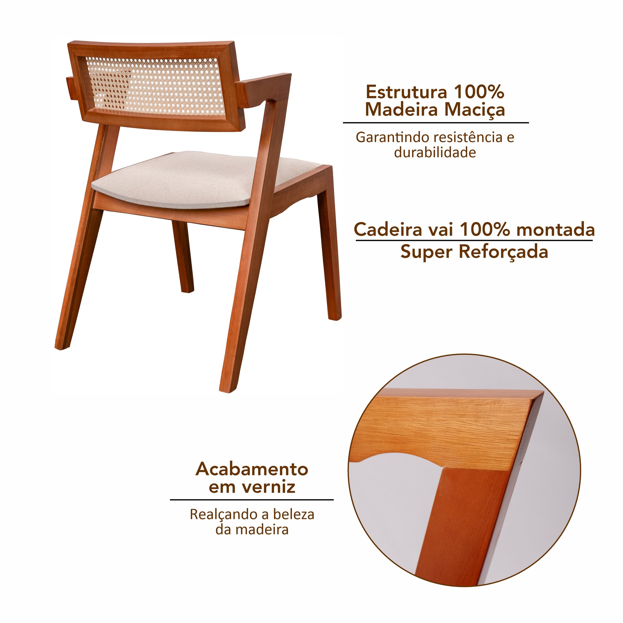 Conjunto com 4 Cadeiras Madeira Maciça com Rattan Natural e Estofada 81,5x53x57cm Verona  - 6