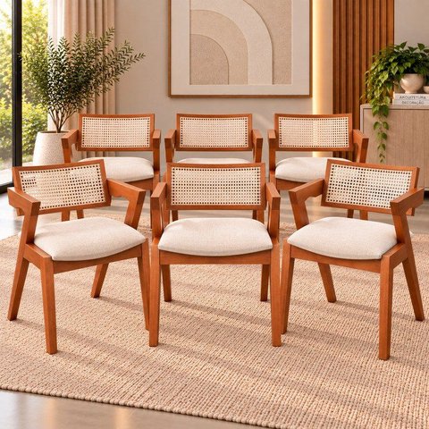 Kit 6 Cadeiras Madeira Maciça, Rattan de Fibra Natural e Estofada Verona Espresso Móveis