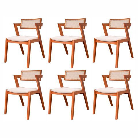 Kit 6 Cadeiras Madeira Maciça, Rattan de Fibra 100% Natural e Estofada Verona Espresso Móveis Champagne/Off White