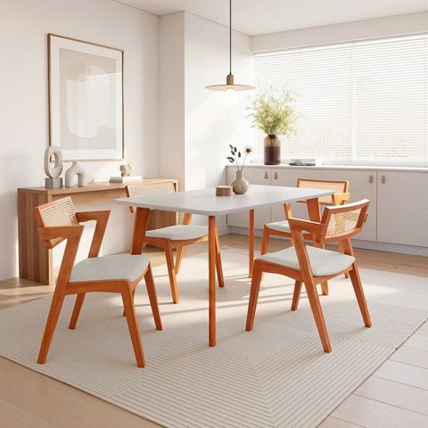 Conjunto Mesa e 4 Cadeiras Madeira Maciça, Tampo Off White, Rattan Natural e Assento Estofado Verona