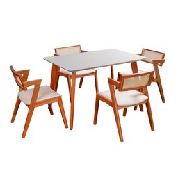 Conjunto Mesa Verona Tampo Off White com 4 Cadeiras em Madeira Maciça, Estofada e Rattan de Fibra 100% Natural Verona Authentic - 3