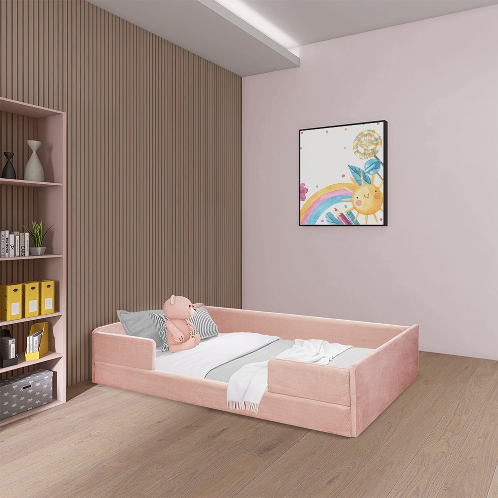 Cama Montessoriana de Criança Luana em Madeira com Revestimento em Tecido Rosa