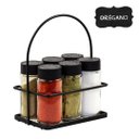 Ver imagem 1 de Porta Tempero Condimento 6 Potes Vidro Tampa Dosadora Suporte Preto com Alça Organização Cozinha