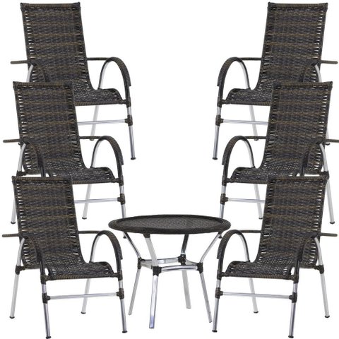 6 Cadeiras Vênus Alumínio e Mesa com Tampo Tramado para Jardim Piscina e Área Trama Original