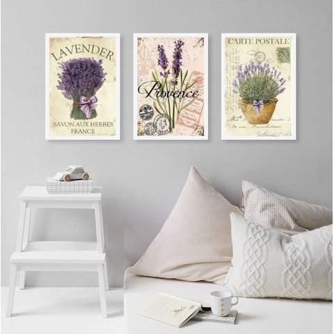 Kit 3 Quadros Lavanda Francesa Provence 33x24cm:madeira Preta