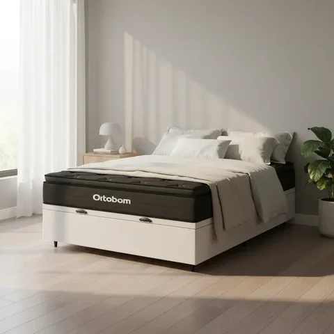 Cama Box Baú com Colchão Ortobom de Espuma Pillow Top Confort Black Casal 138cm