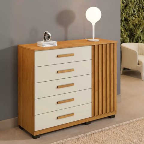 Cômoda Paris com Sapateira 5 Gavetas 1 Porta Ripada - Benetil - Cinamomo/off