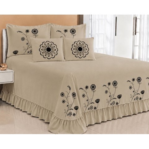 Kit Cobre Leito Casal Queen Encanto 07 Peças Bordado Colcha - Avelã