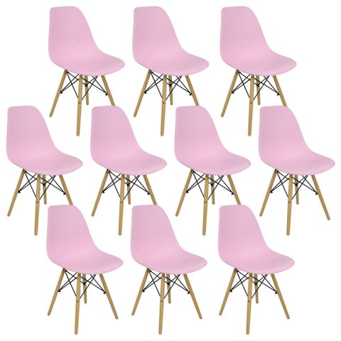 Kit 10 Cadeiras Charles Eames Eiffel Dsw - Base de Madeira Clara - Rosa Claro Multicolorido