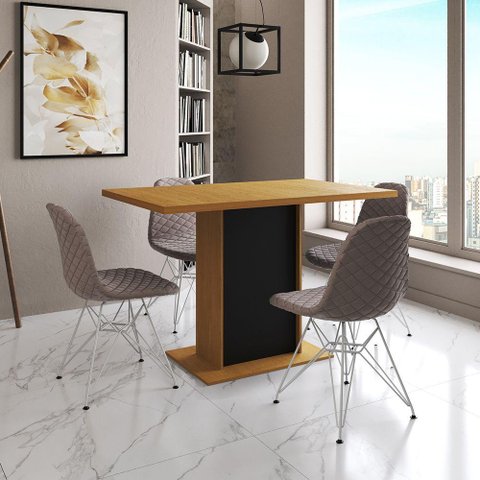 Mesa Jantar Londres Tampo Canela 120cm Base Preta 4 Cadeiras Ferro Branco Estofado Nude Médio