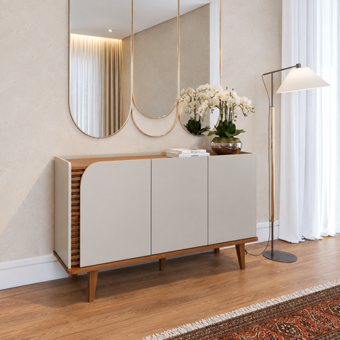 Buffet para Sala de Jantar 3 Portas Pés de Madeira Maciça Jurerê Off White com Freijó Bege/Matte