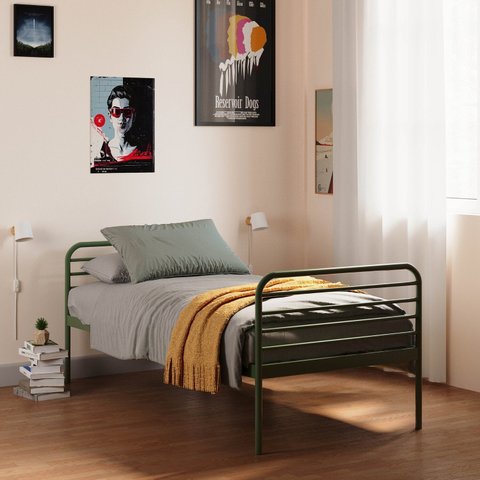 Cama Solteiro em Ferro Aço Carbono Tubular Teko Casatema MadeiraOriginals Verde/Álamo