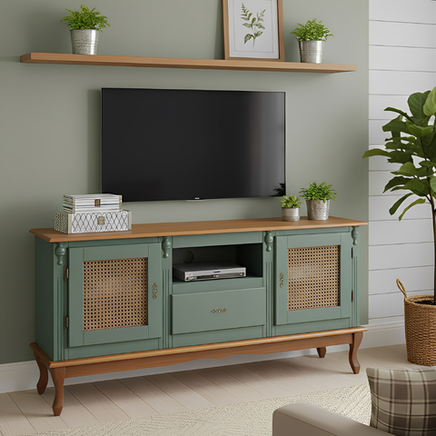 Rack Farm House 2 Portas com Ratan 1 Gaveta e Nicho com Pés Luiz Xv Verde Kalle Tampo e Base Imbuia