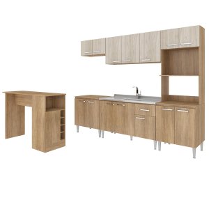 Cozinha Modulada Completa Max 262 Cm Bancada Ilha Gourmet Balcão Pia MDP Carvalho Blanche - ClickLar