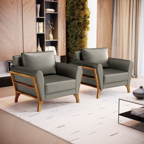 Kit 2 Poltronas Sabrina de Madeira Maciça com Almofada Veludo Chumbo 109