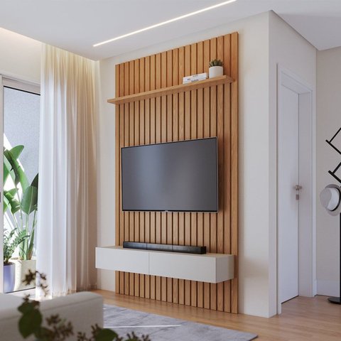 Conjunto Painel Ripado 1412 e Nicho Niágara 1361 Freijó/Off White Matte