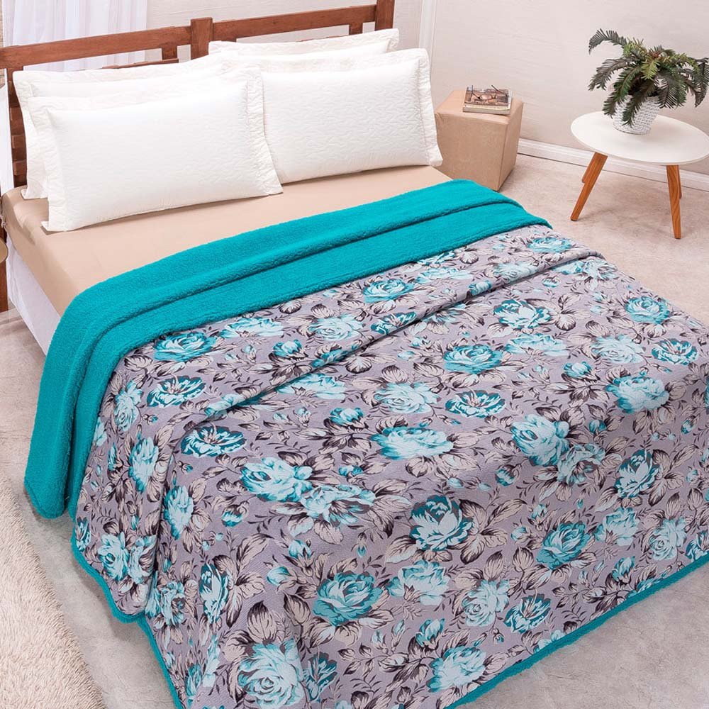 Cobertor Winter Solteiro Manta Soft Plush C/ Sherpa Macia 1 Peça - Floral Verde - 3