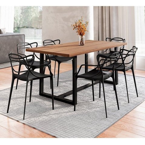Conjunto Mesa de Jantar Rústica de Madeira Maciça com 6 Cadeiras Allegra Yescasa