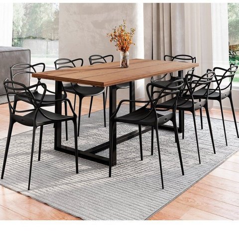 Conjunto Mesa de Jantar Rústica de Madeira Maciça com 8 Cadeiras Allegra Preto/Marrom