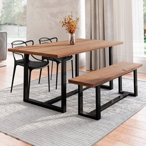 Conjunto Mesa de Jantar Rústica e Banco de Madeira Maciça com 2 Cadeiras Allegra Preto/Marrom