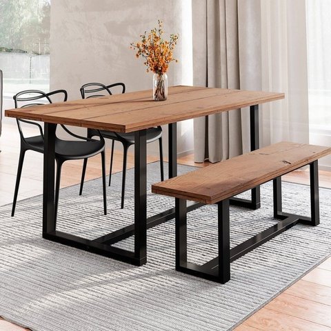 Conjunto Mesa de Jantar Rústica e Banco de Madeira Maciça com 2 Cadeiras Allegra