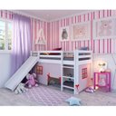 Ver imagem 1 de Cama Alta Infantil com Escorregador e Tenda em Madeira Maciça/MDF Branco/Rosa