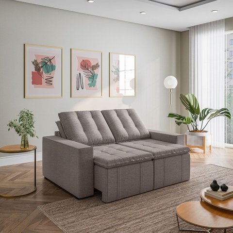 Sofá Cama Retrátil e Reclinável 3 Lugares 180cm em Linho Palmeira CabeCasa MadeiraOriginals Marrom