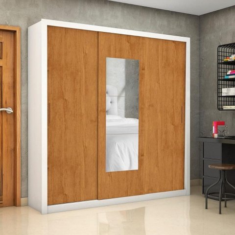 Guarda-Roupa Casal com Espelhos 3 Portas 4 Gavetas 186cm Multimóveis CR35572 Branco/Madeirado