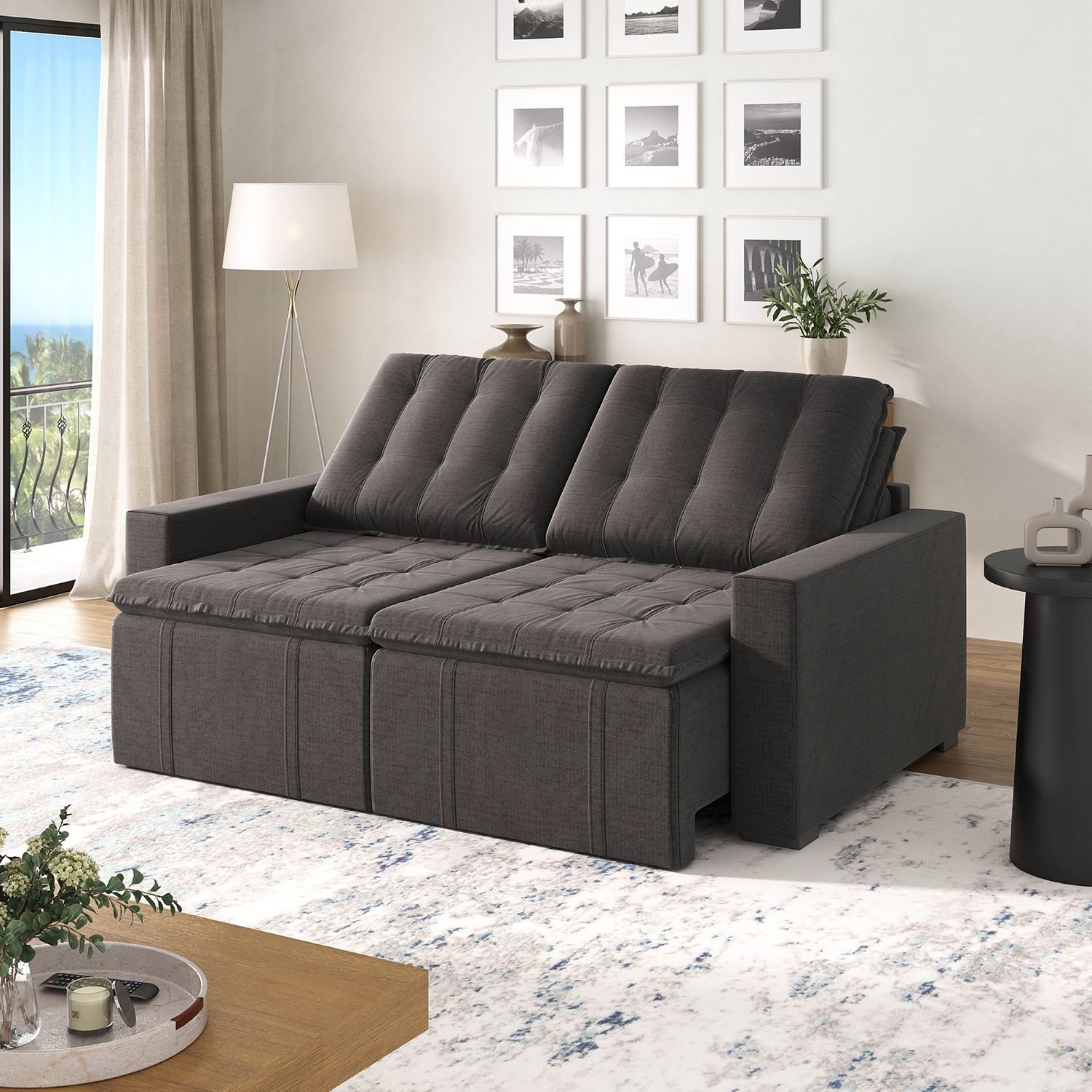 Sofá Cama Retrátil e Reclinável 3 Lugares 200cm em Linho Palmeira CabeCasa MadeiraOriginals Grafite