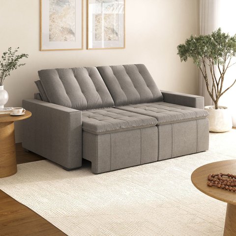 Sofá Cama Retrátil e Reclinável 3 Lugares Linho Marrom Palmeira 200cm CabeCasa MadeiraOriginals