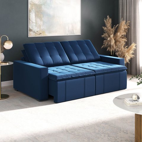 Sofá Cama Retrátil e Reclinável 3 Lugares 220cm em Veludo Palmeira CabeCasa MadeiraOriginals Azul