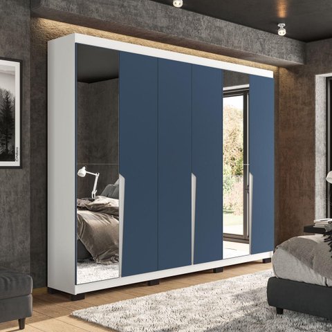 Roupeiro Casal Porto 6 Portas com Espelho 242x214cm Branco/Azul 240848