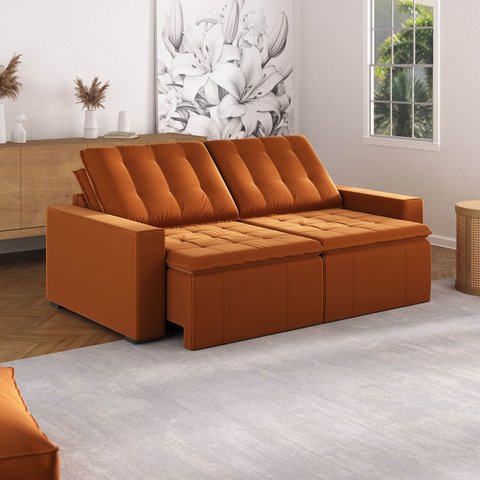 Sofá Cama Casal Retrátil e Reclinável 3 Lugares Veludo Terracota Palmeira 220cm CabeCasa MadeiraOriginals Madeiraorig