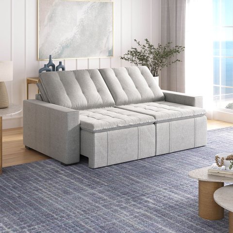 Sofá Cama Retrátil e Reclinável 3 Lugares 220cm em Linho Palmeira CabeCasa MadeiraOriginals Cinza