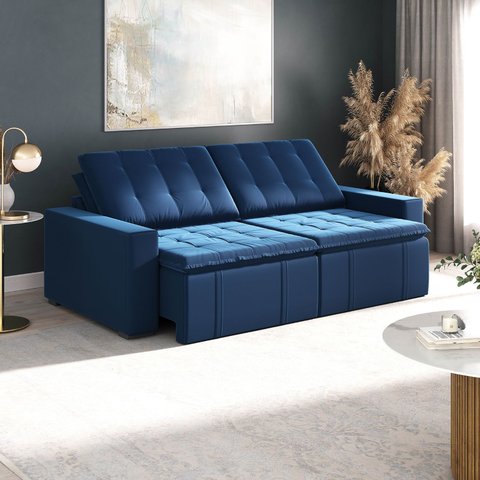 Sofá Cama Retrátil e Reclinável 4 Lugares Veludo Azul Palmeira 240cm CabeCasa MadeiraOriginals