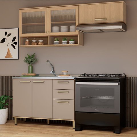 Cozinha Compacta 100 Mdf 3 Peças sem Tampo e Vidro Canelado 200cm Duna Luciane Móveis
