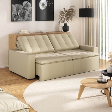 Sofá Cama Retrátil e Reclinável 4 Lugares 240cm em Veludo Palmeira CabeCasa MadeiraOriginals Bege