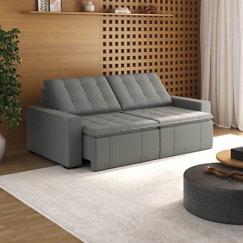 Sofá Cama Retrátil e Reclinável 4 Lugares 240cm em Veludo Palmeira CabeCasa MadeiraOriginals Cinza