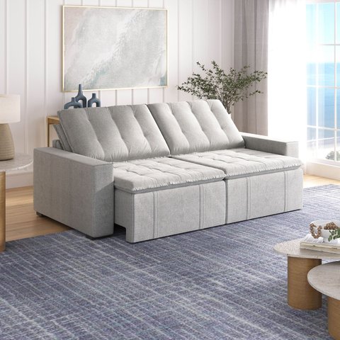Sofá Cama Retrátil e Reclinável 4 Lugares 240cm em Linho Palmeira CabeCasa MadeiraOriginals Cinza