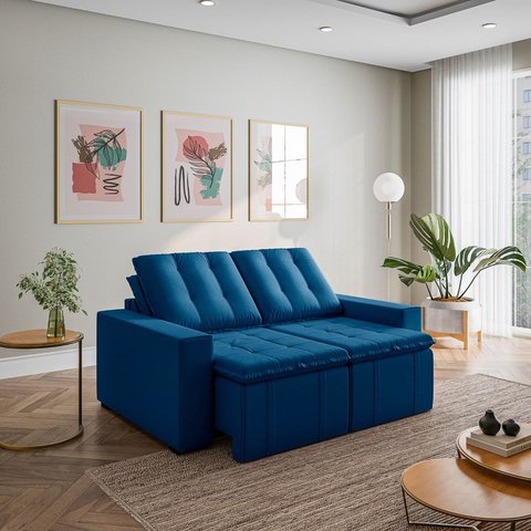 Sofá Cama Retrátil e Reclinável 3 Lugares 180cm em Veludo Palmeira CabeCasa MadeiraOriginals Azul
