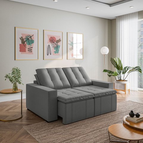 Sofá Cama Retrátil e Reclinável 3 Lugares 180cm em Veludo Palmeira CabeCasa MadeiraOriginals Cinza