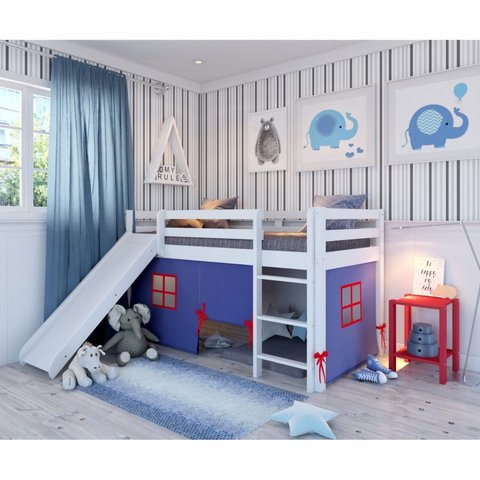 Cama Alta Infantil com Escorregador e Tenda em Madeira Maciça/MDF Branco/Azul