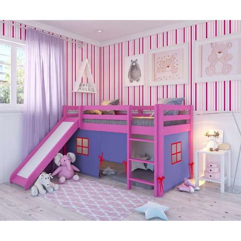 Cama Alta Infantil com Escorregador e Tenda em Madeira Maciça/mdf
