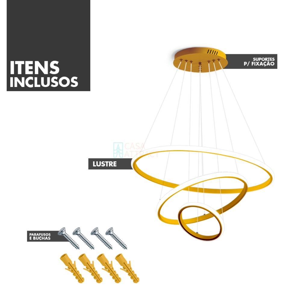 Lustre Pendente 3 Anéis Led Moderno Sala Mesa Cozinha Bivolt Cor:gold - 5