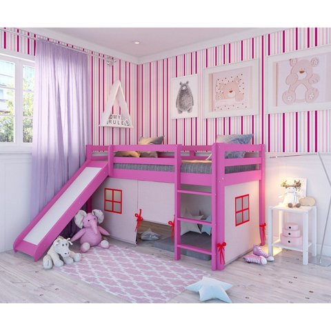 Cama Alta Infantil com Escorregador e Tenda em Madeira Maciça/MDF Rosa