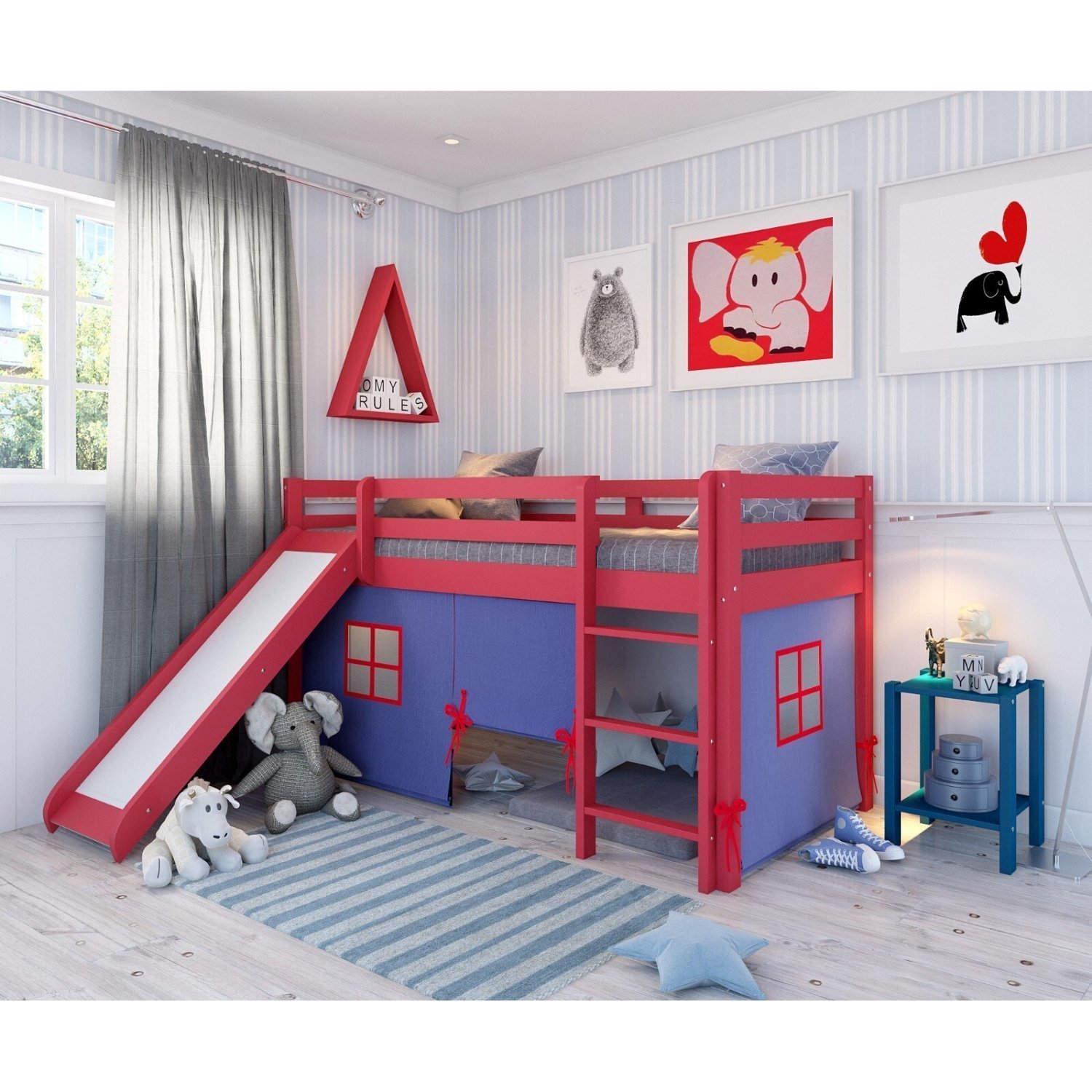 Cama Alta Kids com Escorregador e Tenda em Madeira Maciça/mdf