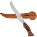 Ver imagem 1 de Faca Artesanal Forjada Integral Churrasco Pena Folha Aço Inox 420c Cabo Híbrido Pétalas de Ouro